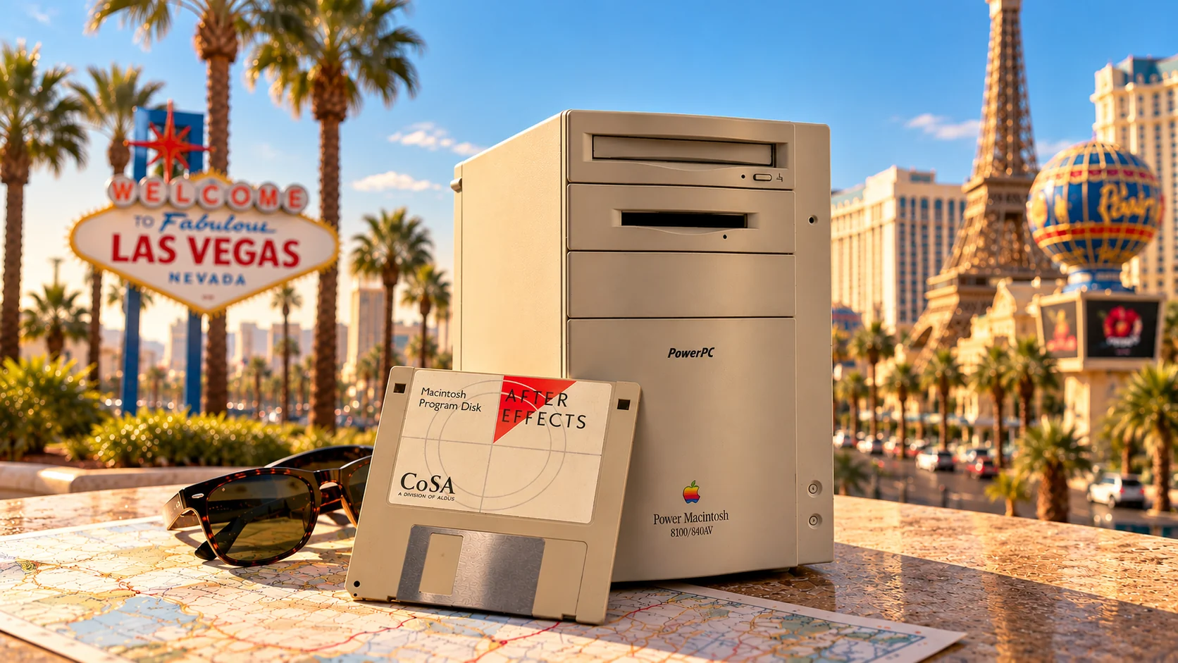 Vintage Macintosh and CoSA After Effects floppy disk in a nostalgic Las Vegas scene