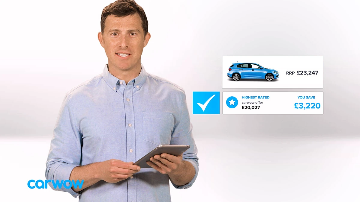 Carwow presenter explaining the car-selling service against graphic backgrounds