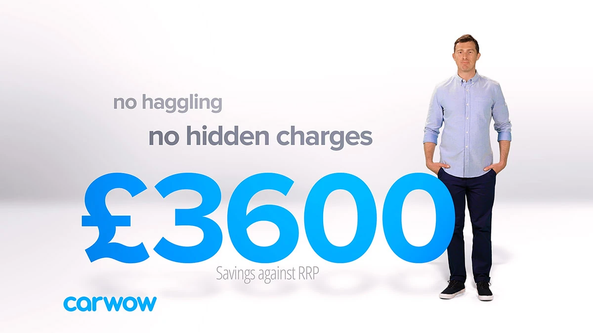 Carwow presenter explaining the car-selling service against graphic backgrounds