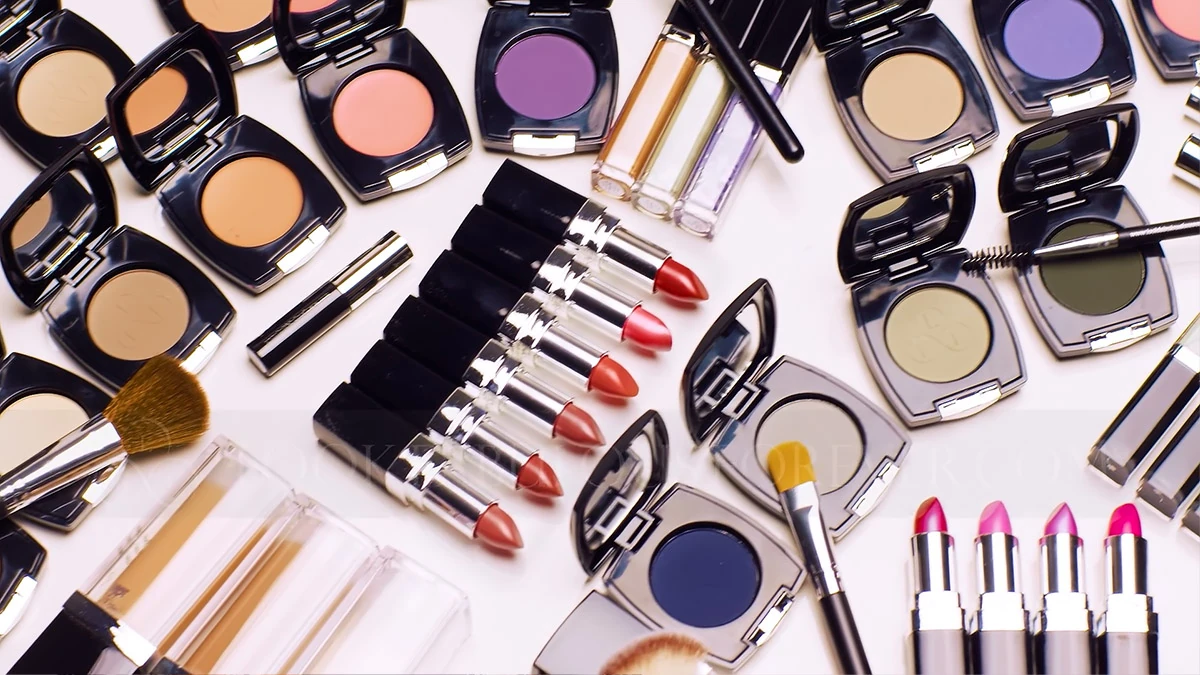 Look Fabulous Forever make-up products, brushes and colourful cosmetics arranged together