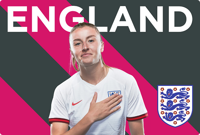 A promotional image featuring Leah Williamson against a striped backdrop with 'England' text, advertising the Arnold Clark Cup