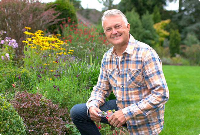 A middle-aged gardener in checkered shirt kneeling while tending to garden flowers