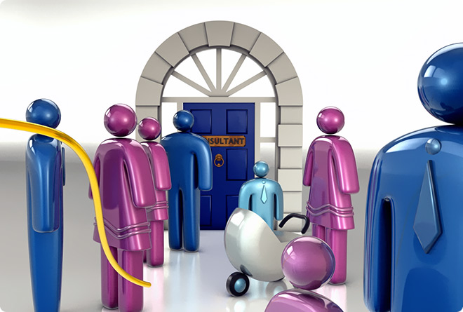 3d image of stylized patients waiting to be seen by a consultant