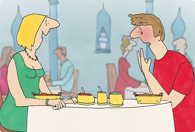 Animated illustration of two people savoring spicy Indian cuisine together in a restaurant setting