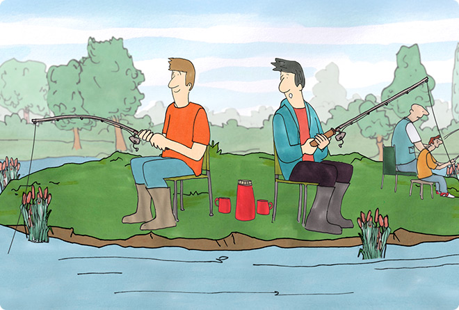 Cartoon illustration showing two friends bonding over a fishing trip, sitting together in conversation with their fishing gear