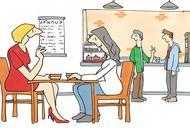 A cartoon illustration of two ladies and two men talking in a coffee shop