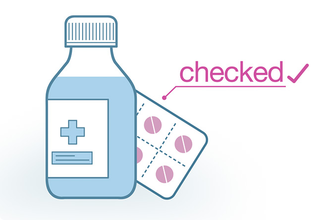 A simple illustration of medicine jar and some pills behing with the word checked next to them